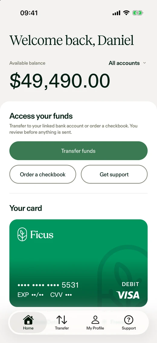 The Ficus app home screen showing an available balance of $49,490.00